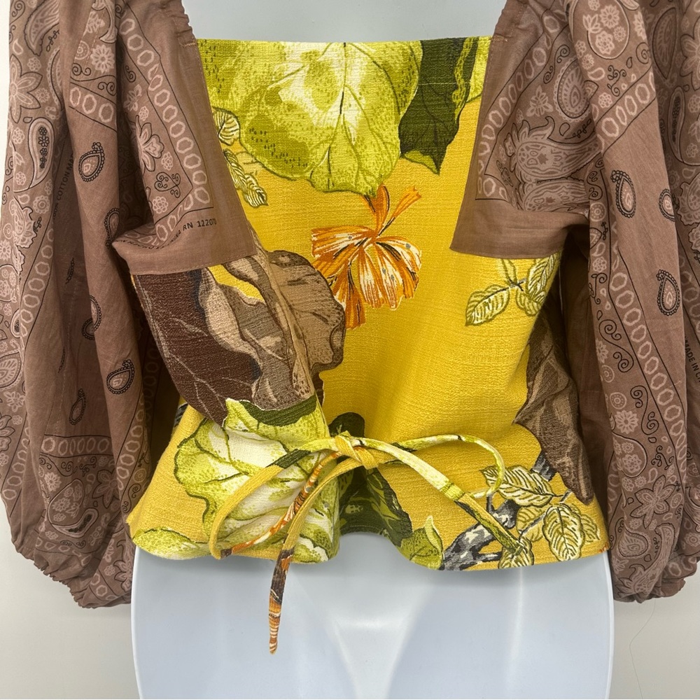 Selina Sanders Custom Made Barkcloth Hand Dyed Floral Top Bandana Sleeves NWOT - Picture 9 of 12